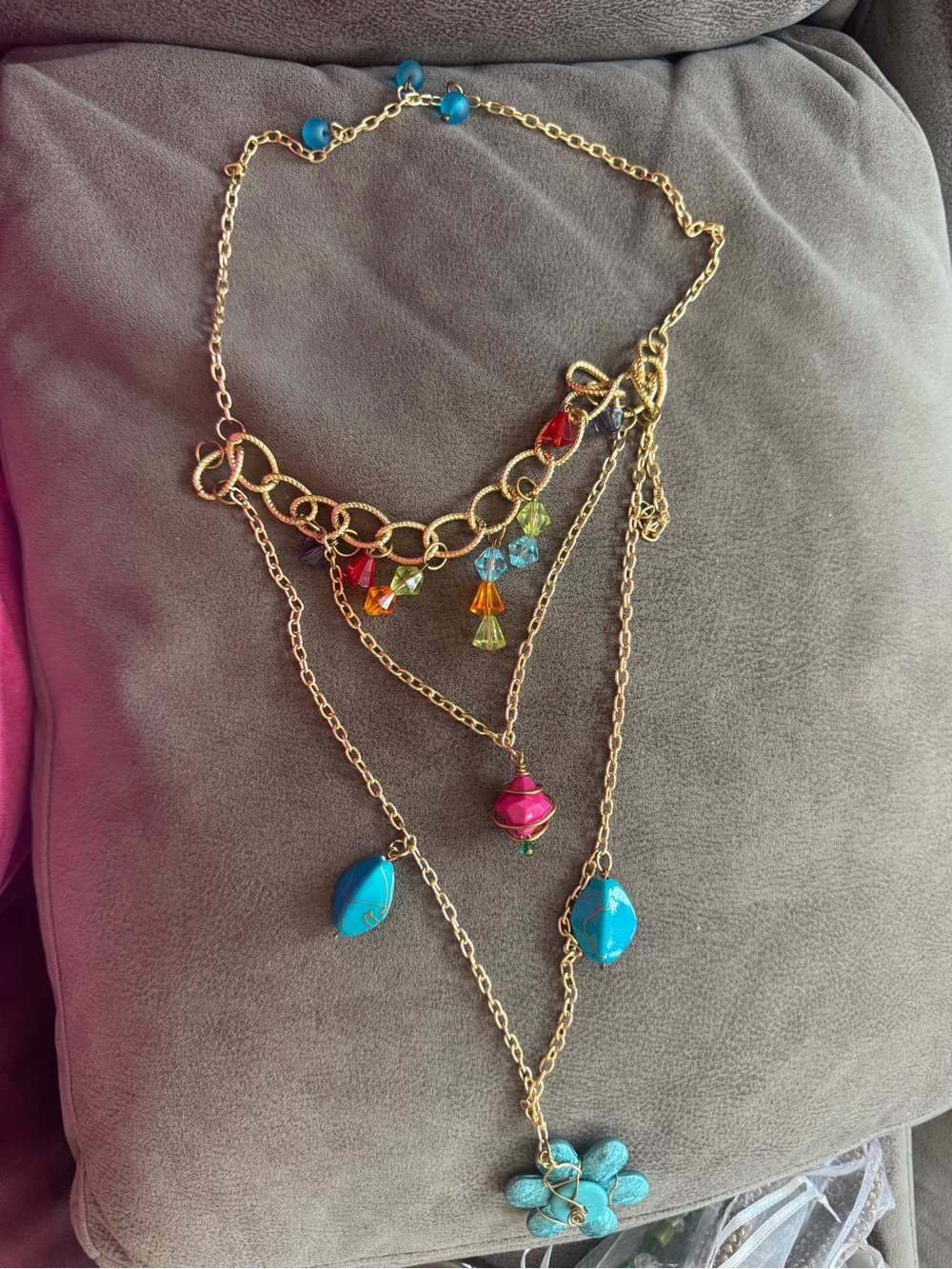 Gold Multi-Color Layered Pendant Necklace with Turquoise Flower